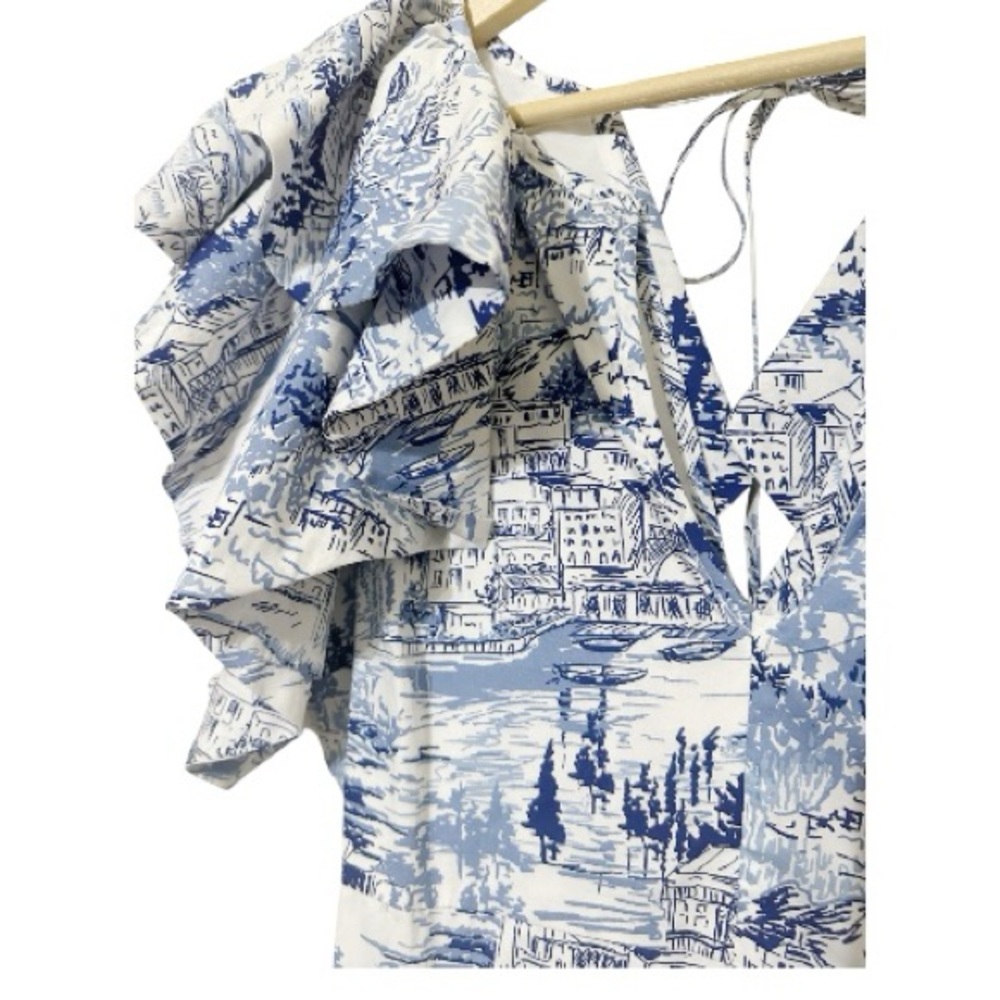 Sugarlips Francine Toile Sky Santana Tie Back Ruffle Midi Dress Blue White Sz M - Picture 3 of 8